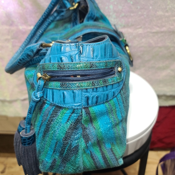 Sharif MSRP$175 Studio Blue/Green Croc Textured Embossed Leather Tassel Satchel - Picture 7 of 15